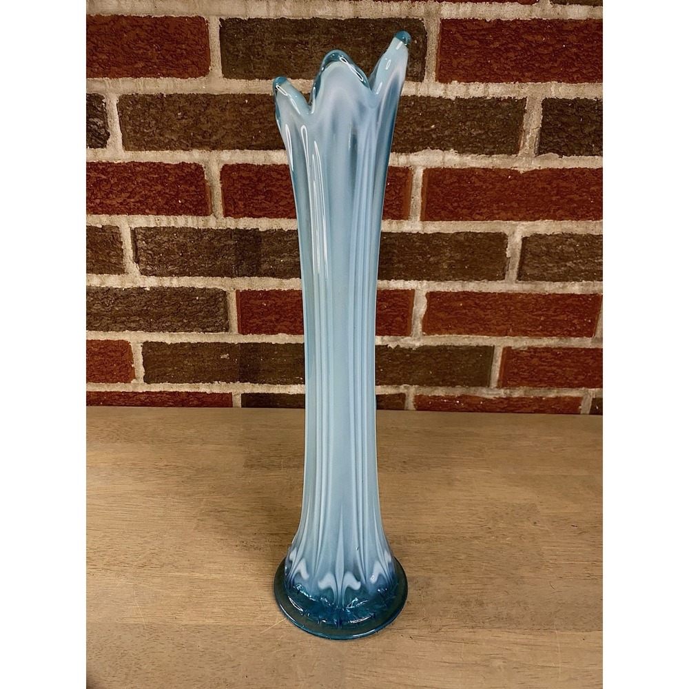Antique EAPG‎ Blue Opalescent Swung Vase Ribbed Feather Pattern Art Glass